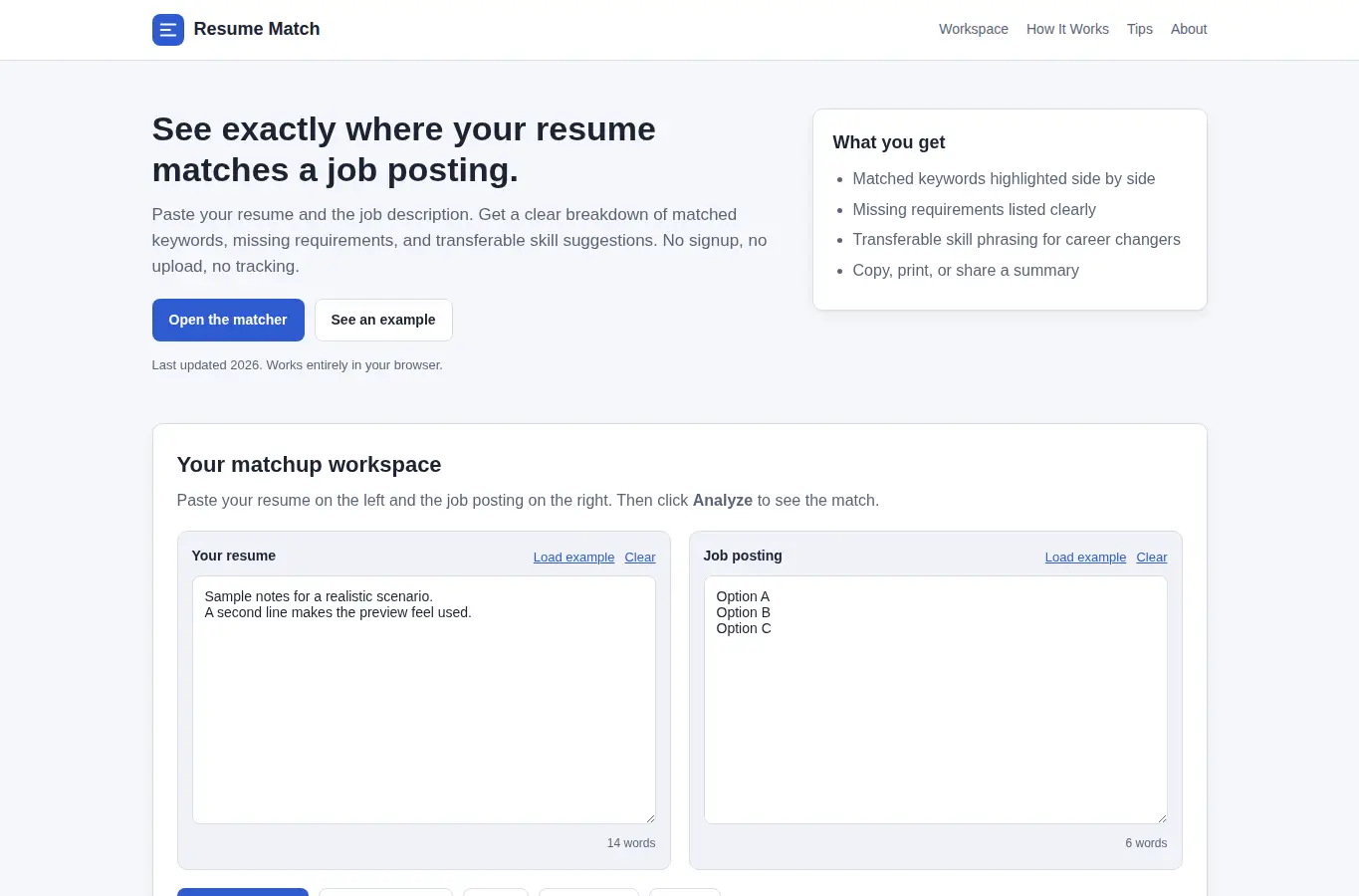 Screenshot of Resume-to-Job Posting Match interface showing the project page in use